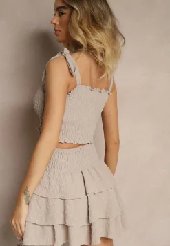 Beżowy Komplet Dopasowany Top z Wiązaniem i Spódnica o Rozkloszowanym Kroju Evianea