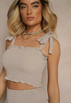 Beżowy Komplet Dopasowany Top z Wiązaniem i Spódnica o Rozkloszowanym Kroju Evianea