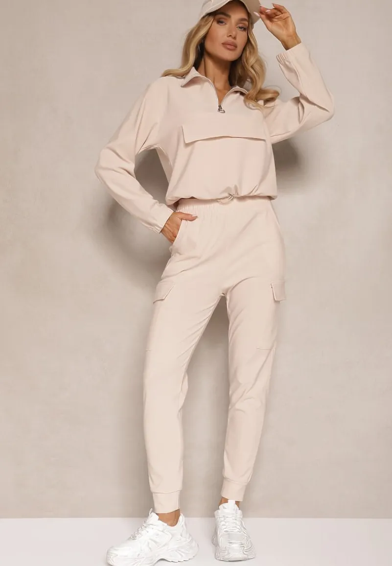 Beżowy Komplet Dresowy Bluza z Suwakiem i Kołnierzem i Spodnie z Kieszeniami Cargo Taigena