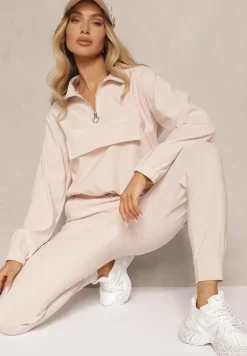 Beżowy Komplet Dresowy Bluza z Suwakiem i Kołnierzem i Spodnie z Kieszeniami Cargo Taigena