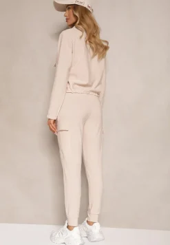 Beżowy Komplet Dresowy Bluza z Suwakiem i Kołnierzem i Spodnie z Kieszeniami Cargo Taigena