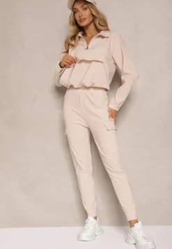 Beżowy Komplet Dresowy Bluza z Suwakiem i Kołnierzem i Spodnie z Kieszeniami Cargo Taigena