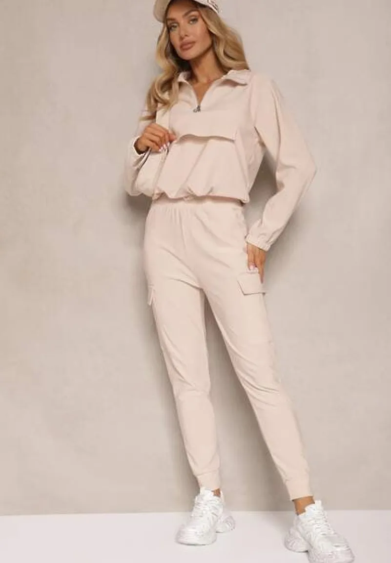 Beżowy Komplet Dresowy Bluza z Suwakiem i Kołnierzem i Spodnie z Kieszeniami Cargo Taigena