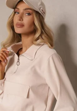 Beżowy Komplet Dresowy Bluza z Suwakiem i Kołnierzem i Spodnie z Kieszeniami Cargo Taigena