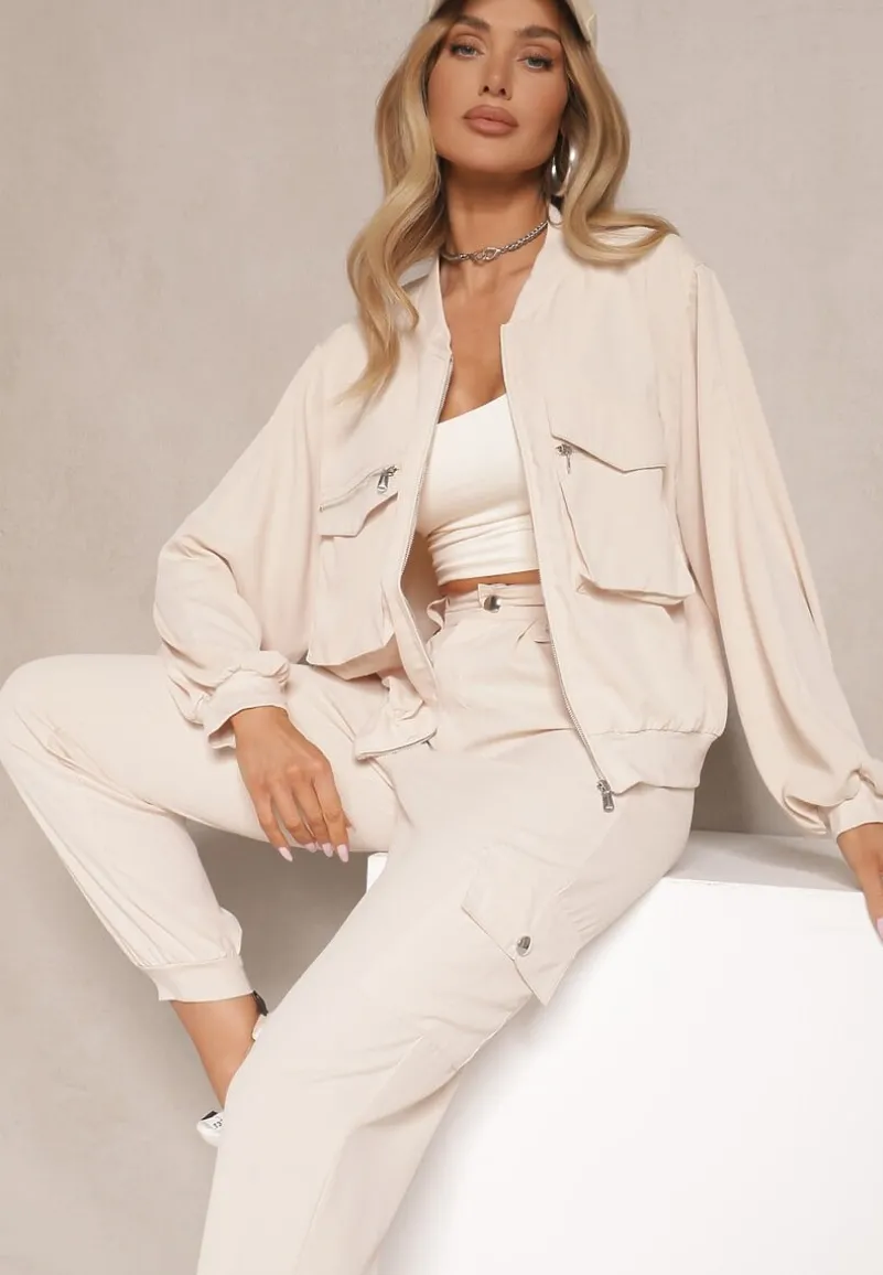 Beżowy Komplet Dresowy Cargo Spodnie i Bluza Zdobiona Imitacją Kieszeni Nolhira