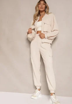 Beżowy Komplet Dresowy Cargo Spodnie i Bluza Zdobiona Imitacją Kieszeni Nolhira