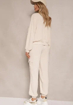 Beżowy Komplet Dresowy Cargo Spodnie i Bluza Zdobiona Imitacją Kieszeni Nolhira
