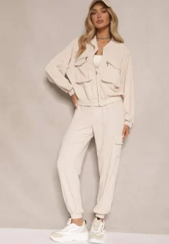 Beżowy Komplet Dresowy Cargo Spodnie i Bluza Zdobiona Imitacją Kieszeni Nolhira