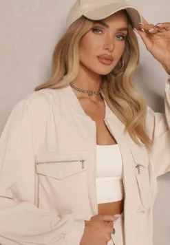 Beżowy Komplet Dresowy Cargo Spodnie i Bluza Zdobiona Imitacją Kieszeni Nolhira