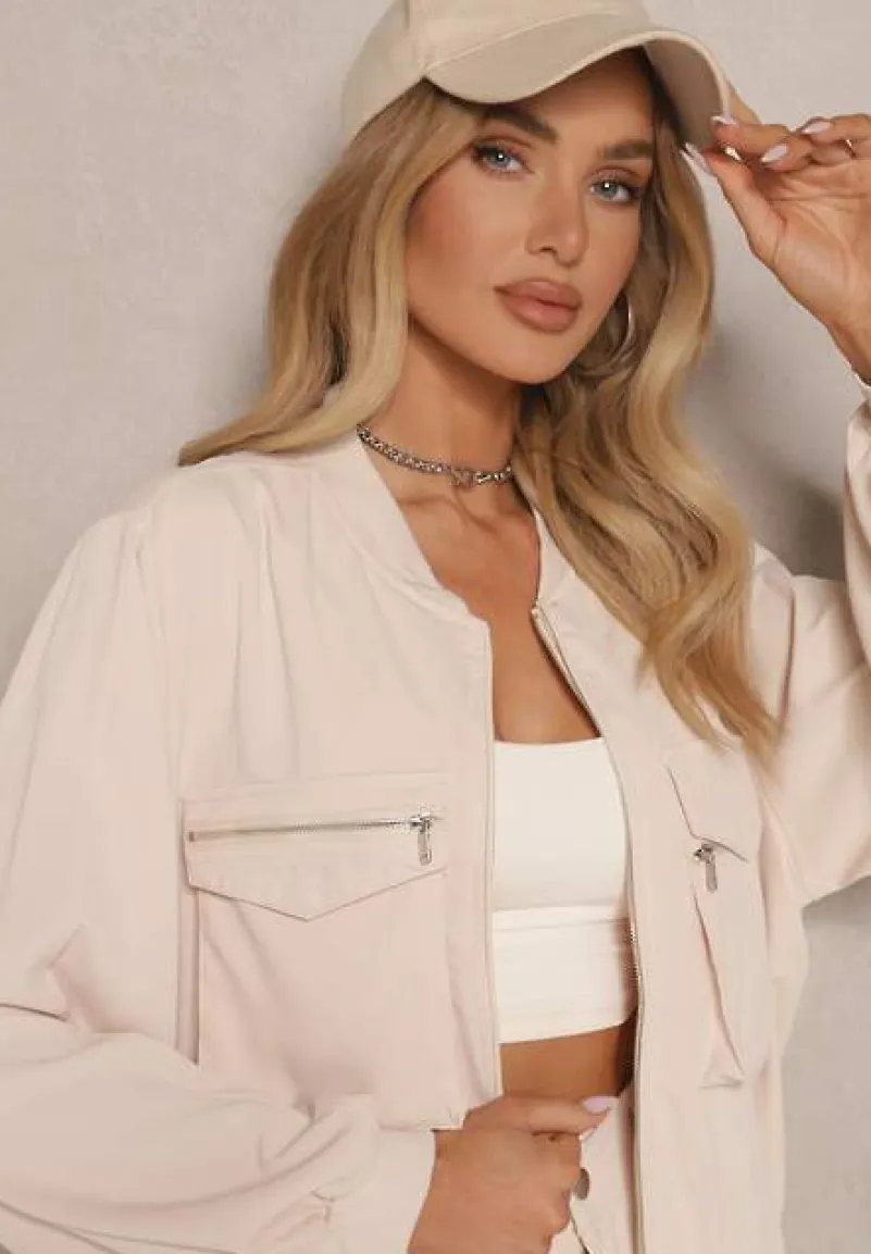 Beżowy Komplet Dresowy Cargo Spodnie i Bluza Zdobiona Imitacją Kieszeni Nolhira