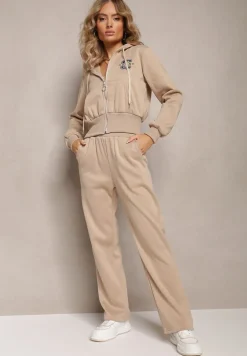 Beżowy Komplet Dresowy 2-Częściowy z Polarem Bluza i Spodnie na Gumce Komiwesa