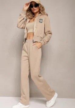 Beżowy Komplet Dresowy 2-Częściowy z Polarem Bluza i Spodnie na Gumce Komiwesa