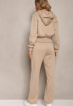 Beżowy Komplet Dresowy 2-Częściowy z Polarem Bluza i Spodnie na Gumce Komiwesa