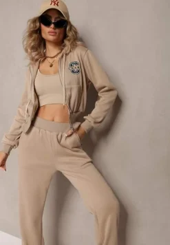 Beżowy Komplet Dresowy 2-Częściowy z Polarem Bluza i Spodnie na Gumce Komiwesa