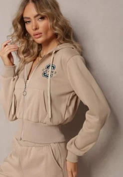 Beżowy Komplet Dresowy 2-Częściowy z Polarem Bluza i Spodnie na Gumce Komiwesa