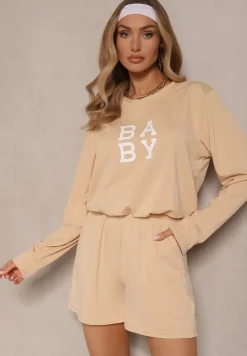 Beżowy Komplet Dresowy 2-Częściowy Bluza Krótsza i Luźne Spodenki Szorty Frania