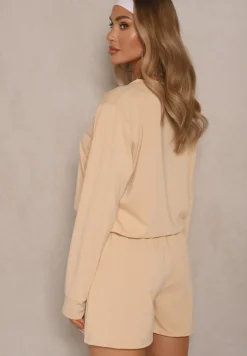 Beżowy Komplet Dresowy 2-Częściowy Bluza Krótsza i Luźne Spodenki Szorty Frania
