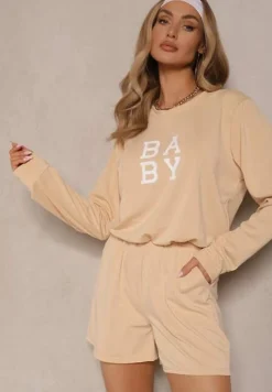 Beżowy Komplet Dresowy 2-Częściowy Bluza Krótsza i Luźne Spodenki Szorty Frania