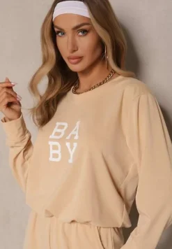 Beżowy Komplet Dresowy 2-Częściowy Bluza Krótsza i Luźne Spodenki Szorty Frania