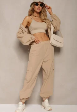 Beżowy Komplet Dresowy Spodnie Bojówki z Gumką w Pasie i Bluza na Suwak Zakończona Ściągaczem na Dole Tiazena