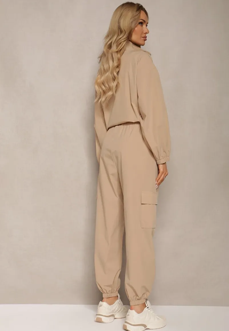 Beżowy Komplet Dresowy Spodnie Bojówki z Gumką w Pasie i Bluza na Suwak Zakończona Ściągaczem na Dole Tiazena