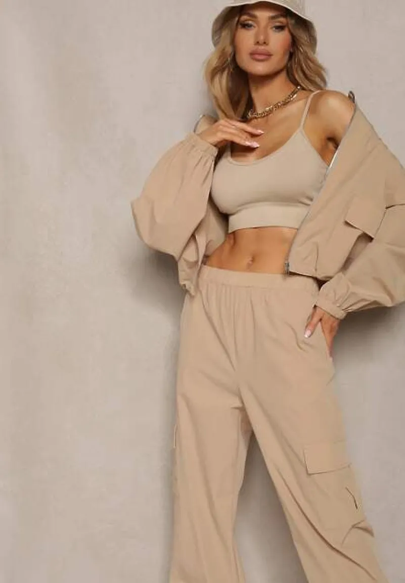 Beżowy Komplet Dresowy Spodnie Bojówki z Gumką w Pasie i Bluza na Suwak Zakończona Ściągaczem na Dole Tiazena