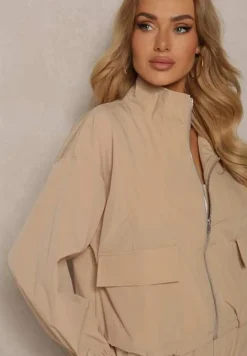 Beżowy Komplet Dresowy Spodnie Bojówki z Gumką w Pasie i Bluza na Suwak Zakończona Ściągaczem na Dole Tiazena