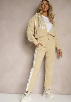 Beżowy Komplet Dresowy Spodnie Ozdobione Napisami Bluza na Suwak z Kapturem Semiraella