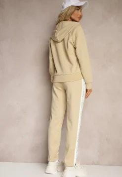 Beżowy Komplet Dresowy Spodnie Ozdobione Napisami Bluza na Suwak z Kapturem Semiraella