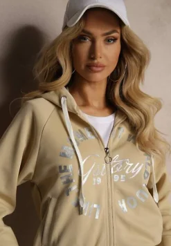 Beżowy Komplet Dresowy Spodnie Ozdobione Napisami Bluza na Suwak z Kapturem Semiraella