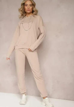 Beżowy Komplet Dresowy z Bawełny Epique