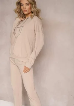 Beżowy Komplet Dresowy z Bawełny Epique