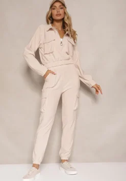 Beżowy Komplet Dresowy z Bluzą o Krótkim Kroju i Joggerami z Kieszeniami Riathna