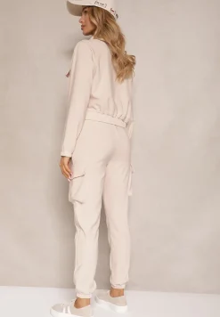 Beżowy Komplet Dresowy z Bluzą o Krótkim Kroju i Joggerami z Kieszeniami Riathna