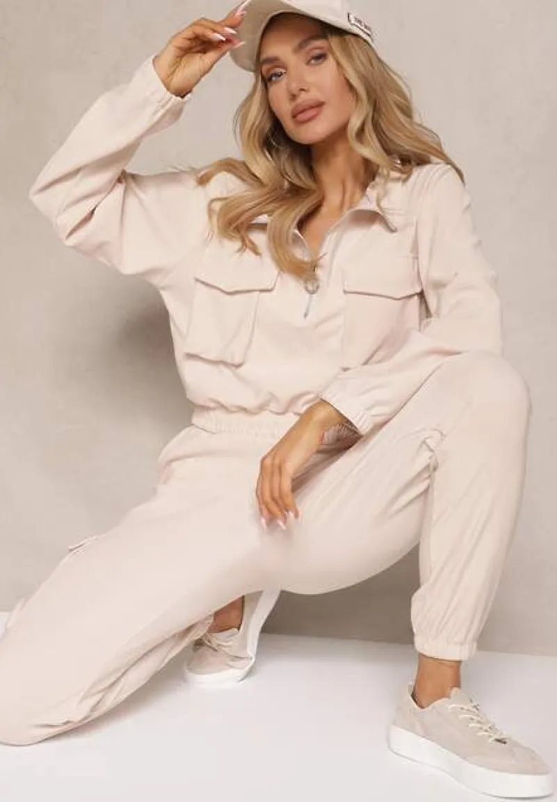 Beżowy Komplet Dresowy z Bluzą o Krótkim Kroju i Joggerami z Kieszeniami Riathna