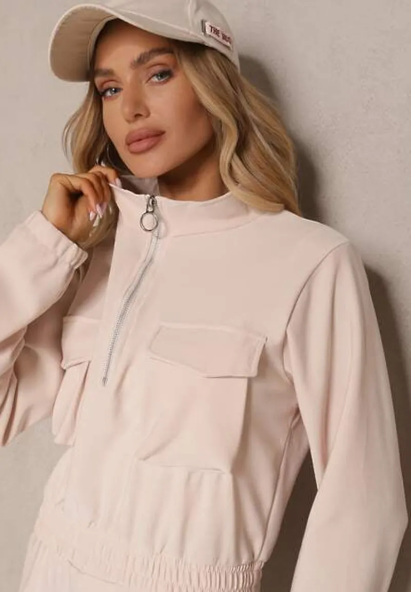 Beżowy Komplet Dresowy z Bluzą o Krótkim Kroju i Joggerami z Kieszeniami Riathna