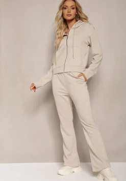 Beżowy Komplet Dresowy z Bawełny Spodnie Dzwony i Rozpinana Bluza z Kapturem Auim