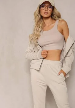 Beżowy Komplet Dresowy z Bawełny Spodnie Dzwony i Rozpinana Bluza z Kapturem Auim