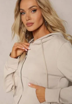 Beżowy Komplet Dresowy z Bawełny Spodnie Dzwony i Rozpinana Bluza z Kapturem Auim