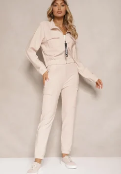 Beżowy Komplet Dresowy z Bluzą ze Stójką i Spodniami Typu Jogger Ozdobiony Kieszeniami Riadara