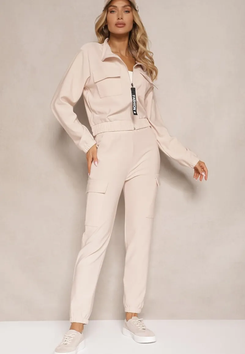 Beżowy Komplet Dresowy z Bluzą ze Stójką i Spodniami Typu Jogger Ozdobiony Kieszeniami Riadara