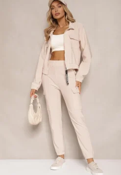 Beżowy Komplet Dresowy z Bluzą ze Stójką i Spodniami Typu Jogger Ozdobiony Kieszeniami Riadara
