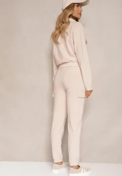 Beżowy Komplet Dresowy z Bluzą ze Stójką i Spodniami Typu Jogger Ozdobiony Kieszeniami Riadara