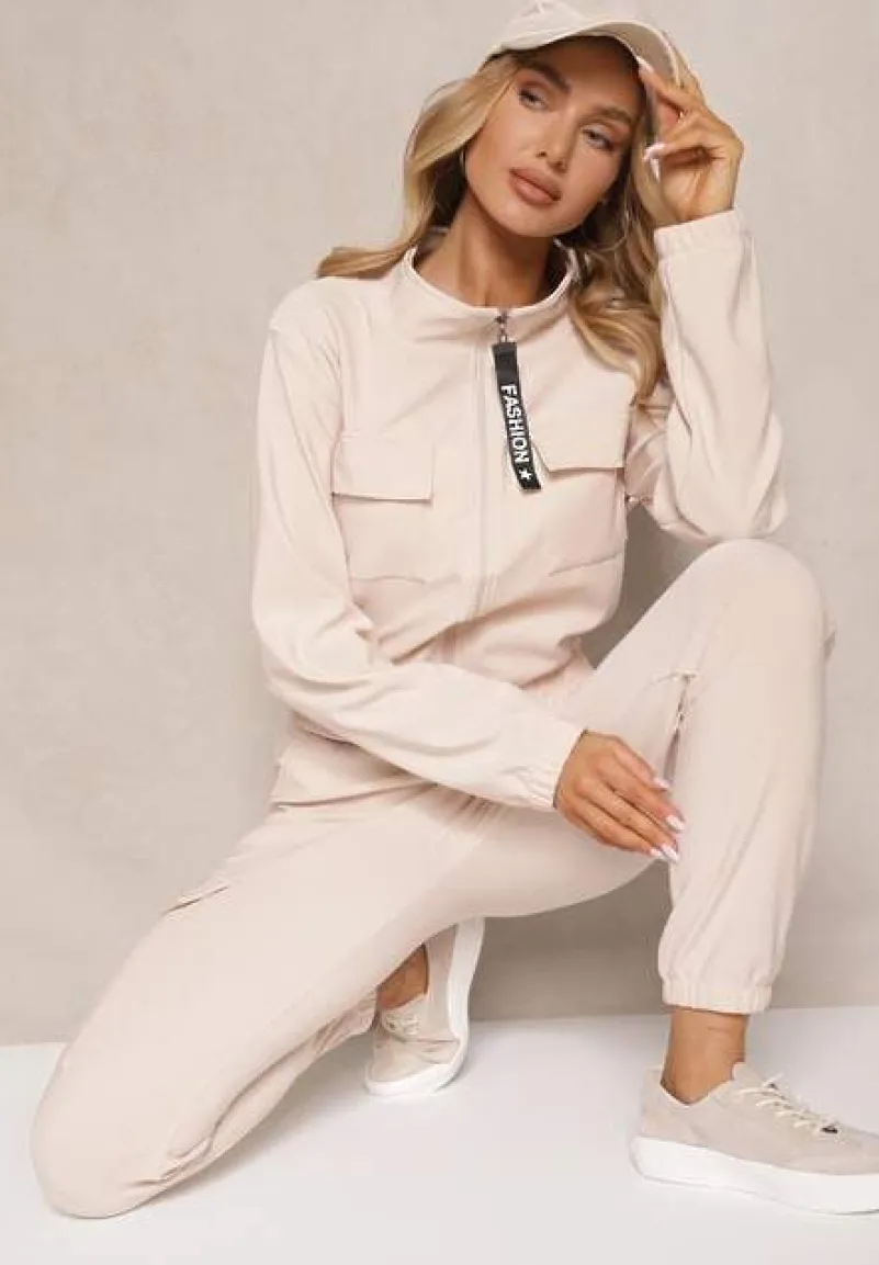 Beżowy Komplet Dresowy z Bluzą ze Stójką i Spodniami Typu Jogger Ozdobiony Kieszeniami Riadara