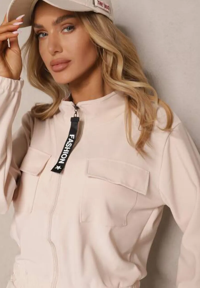 Beżowy Komplet Dresowy z Bluzą ze Stójką i Spodniami Typu Jogger Ozdobiony Kieszeniami Riadara