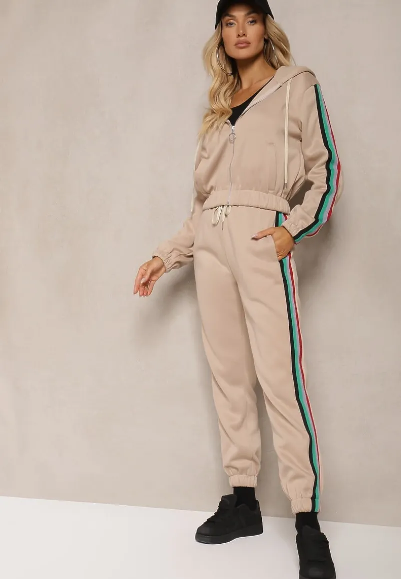 Beżowy Komplet Dresowy z Kolorowym Lampasem Bluza z Kapturem i Spodnie Joggery Nevarielles