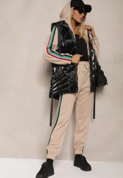 Beżowy Komplet Dresowy z Kolorowym Lampasem Bluza z Kapturem i Spodnie Joggery Nevarielles