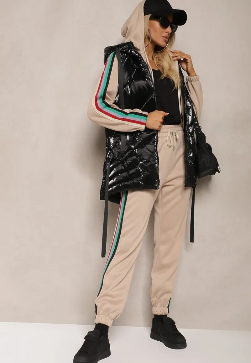 Beżowy Komplet Dresowy z Kolorowym Lampasem Bluza z Kapturem i Spodnie Joggery Nevarielles