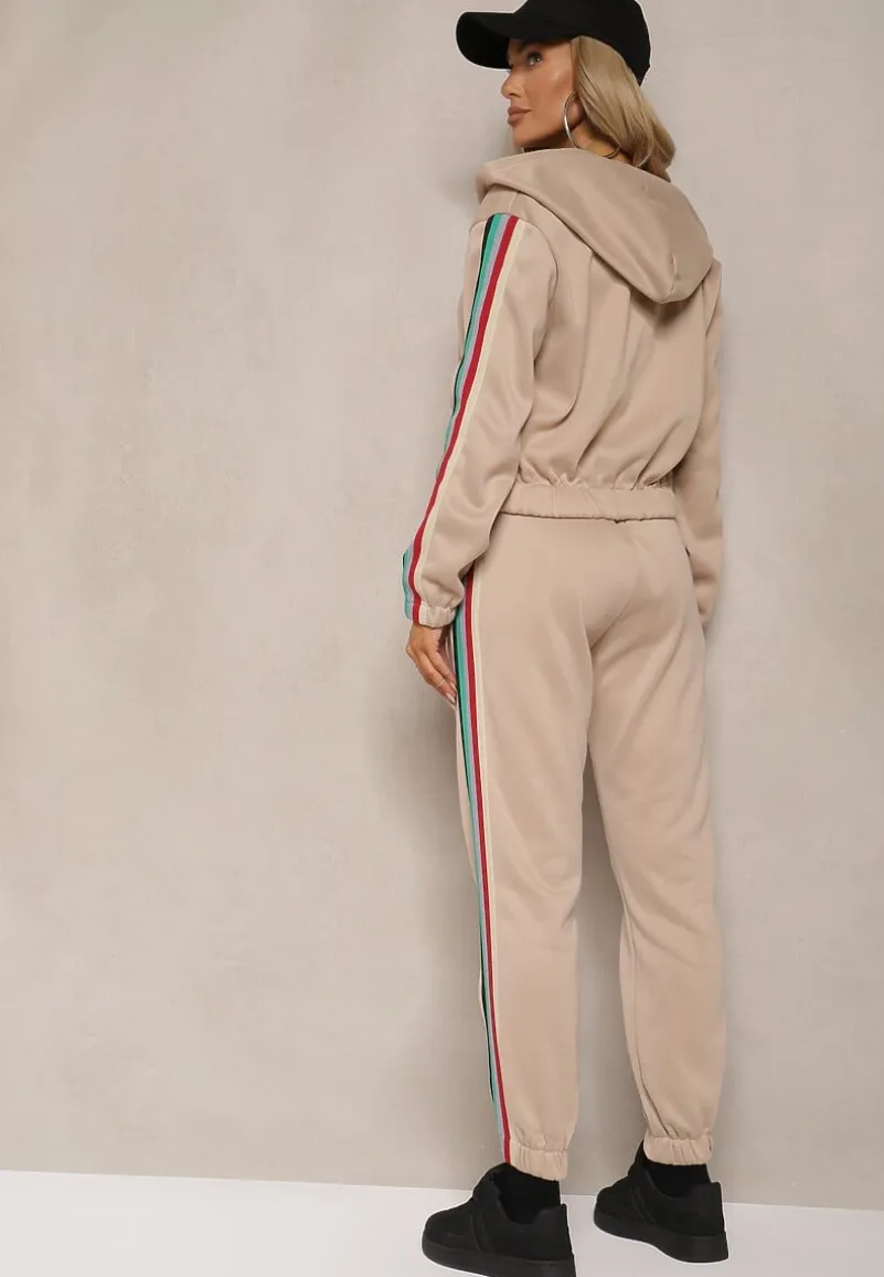 Beżowy Komplet Dresowy z Kolorowym Lampasem Bluza z Kapturem i Spodnie Joggery Nevarielles