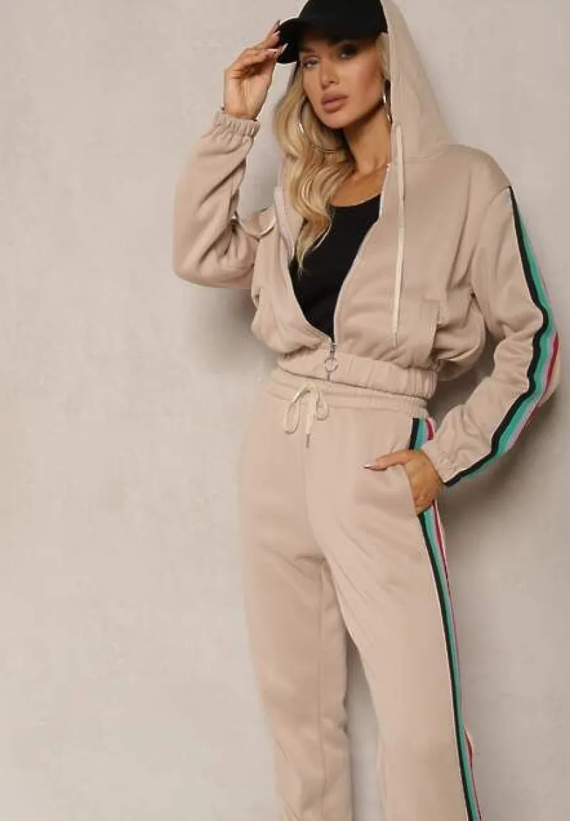 Beżowy Komplet Dresowy z Kolorowym Lampasem Bluza z Kapturem i Spodnie Joggery Nevarielles